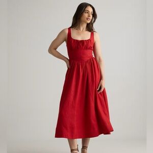 Red European Linen Corset Midi Dress